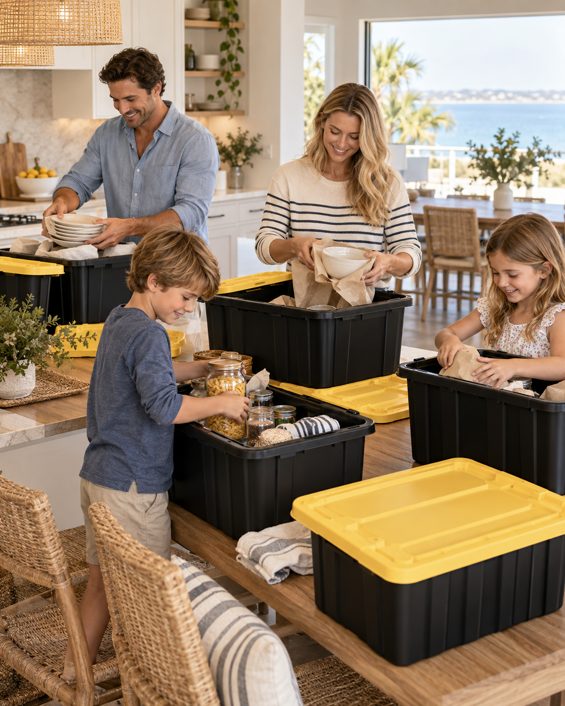 Family packing dishes and pantry items into black moving totes with yellow lids in a bright coastal kitchen