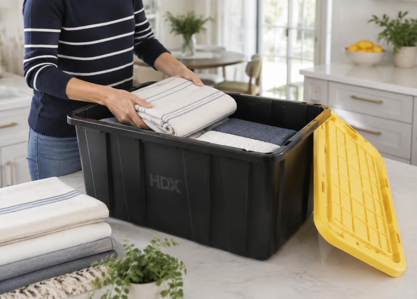 Packing folded linens into a reusable moving tote in a bright kitchen