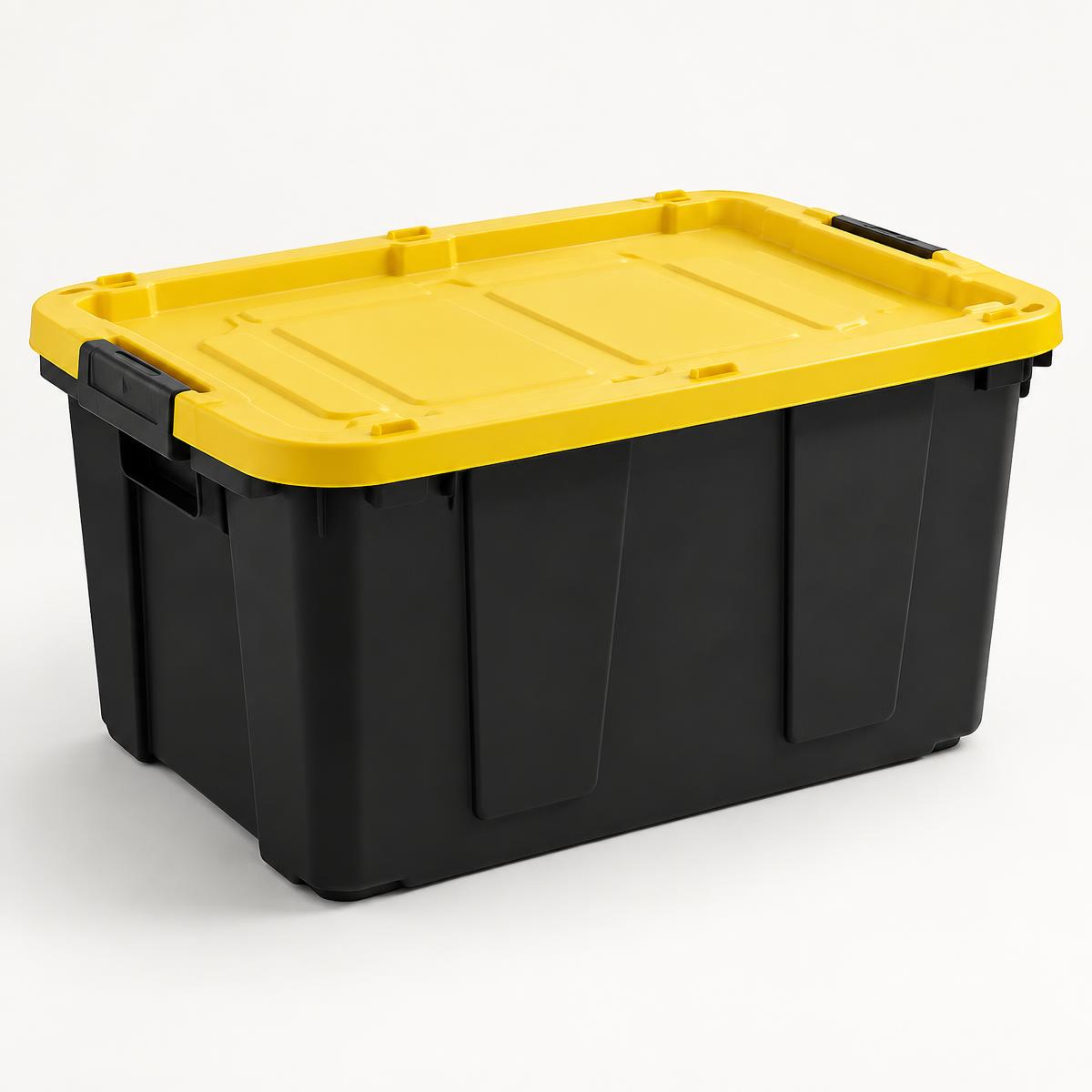 Black 27-gallon reusable moving tote with a yellow snap-on lid
