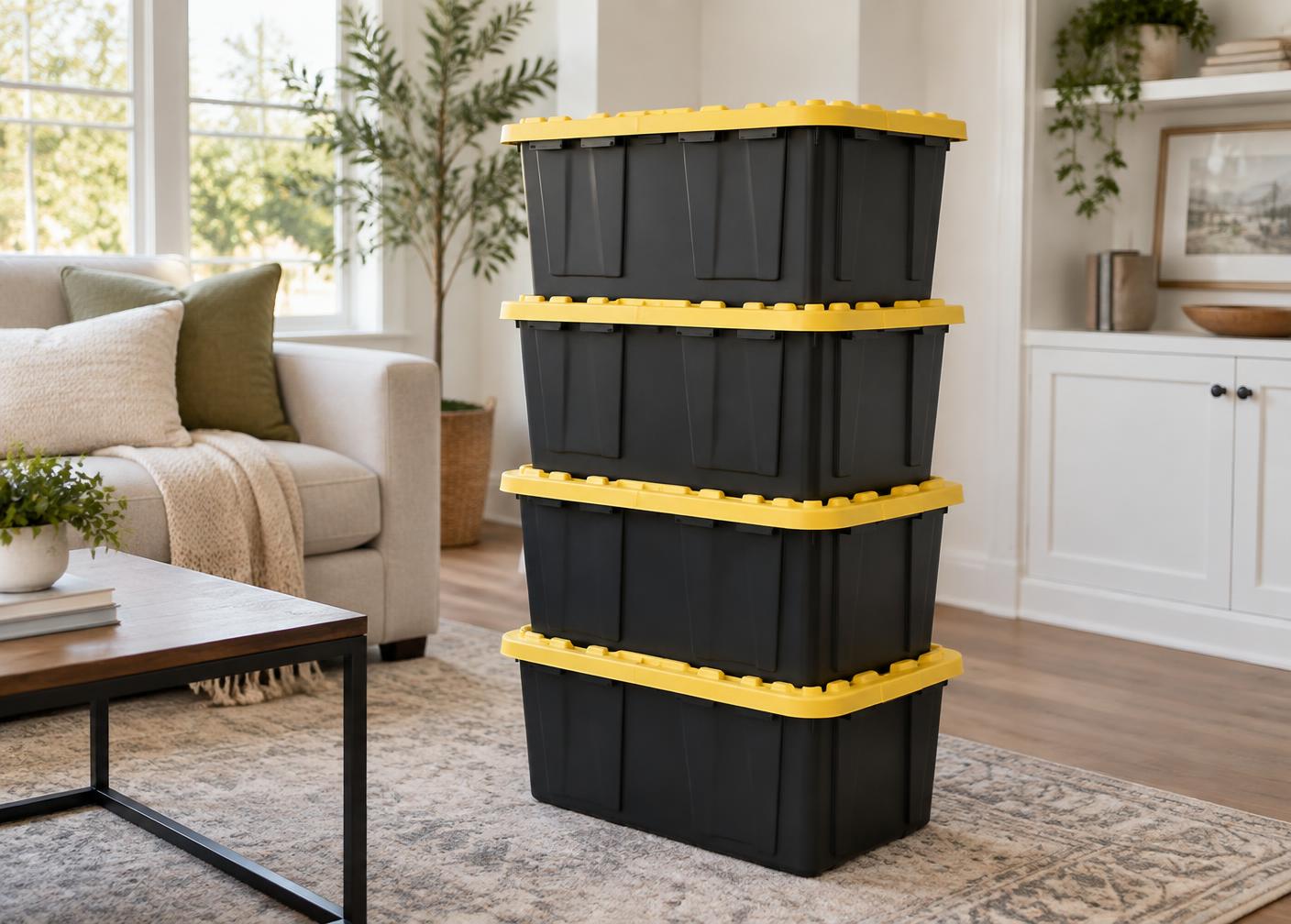 Stacked reusable moving totes inside a St. Johns County home